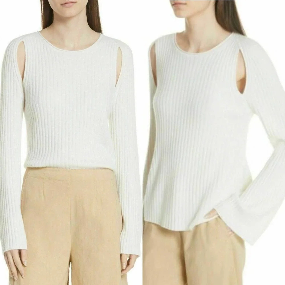 Vince Ribbed Cutout Shoulder Slit Cashmere‎ Sweater Cream Ivory Size US Medium